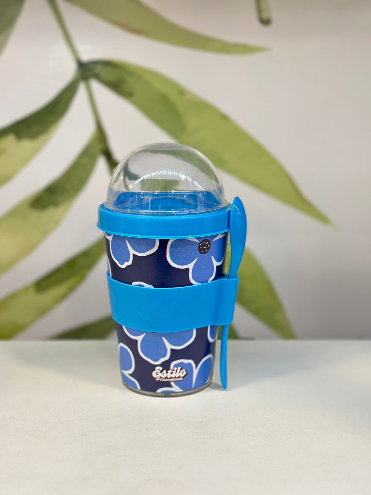 Vaso Contenedor Yogurt & Cereales (Flores Azules)
