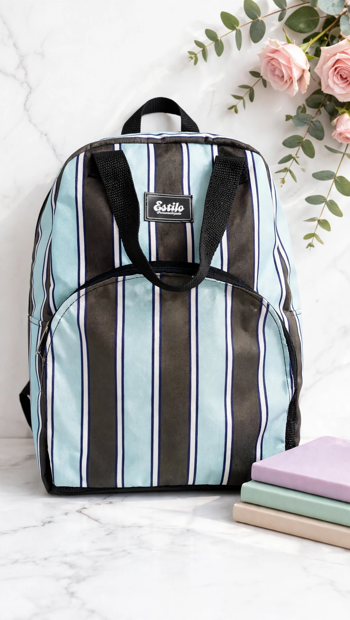Mochila Con Manija (Estampa Rayas Celeste & Marron)